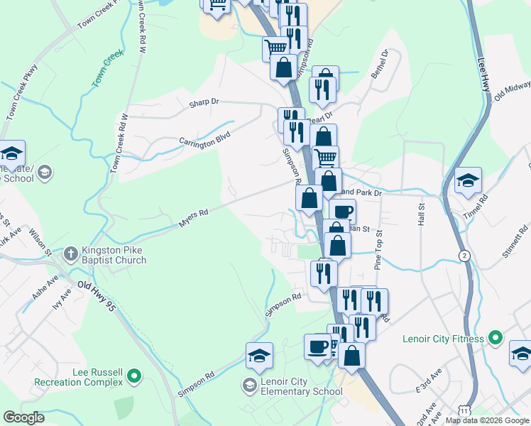 map of restaurants, bars, coffee shops, grocery stores, and more near 113 Pinewood Drive in Lenoir City