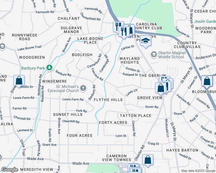 map of restaurants, bars, coffee shops, grocery stores, and more near 2907 Fairview Rd in Raleigh