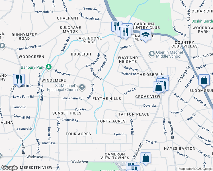map of restaurants, bars, coffee shops, grocery stores, and more near 2907 Fairview Rd in Raleigh