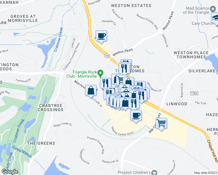 map of restaurants, bars, coffee shops, grocery stores, and more near 1000 Morrisville Pkwy in Morrisville