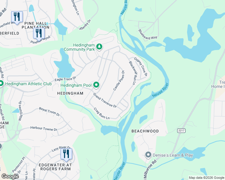map of restaurants, bars, coffee shops, grocery stores, and more near 1944 Castle Pines Drive in Raleigh