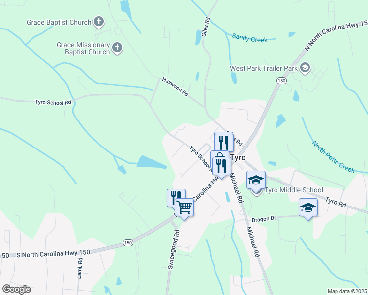 map of restaurants, bars, coffee shops, grocery stores, and more near 325 Tyro School Road in Lexington