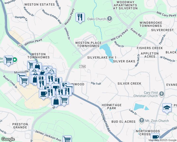 map of restaurants, bars, coffee shops, grocery stores, and more near 1618 Wilson Road in Cary
