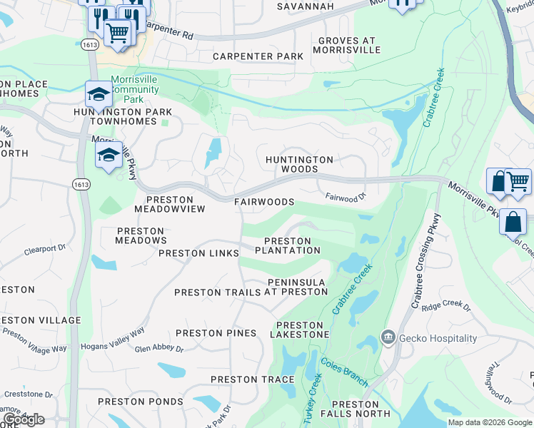 map of restaurants, bars, coffee shops, grocery stores, and more near 108 East Seve Court in Morrisville