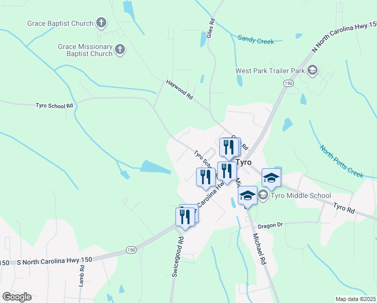 map of restaurants, bars, coffee shops, grocery stores, and more near 325 Tyro School Road in Lexington