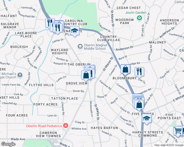 map of restaurants, bars, coffee shops, grocery stores, and more near in Raleigh