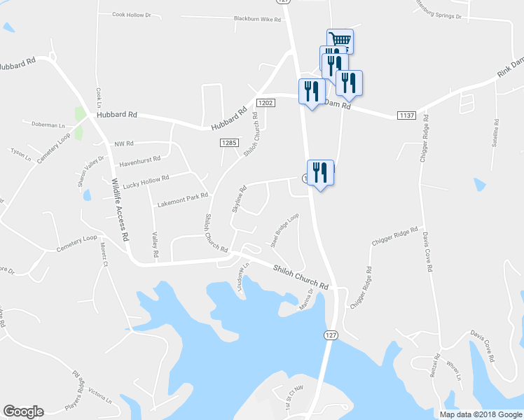 map of restaurants, bars, coffee shops, grocery stores, and more near 219 State Road 1225 in Hickory