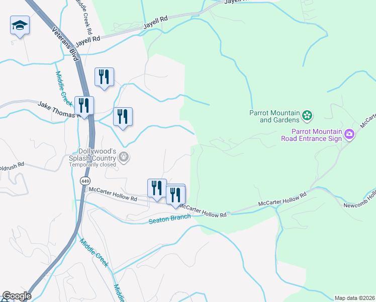 map of restaurants, bars, coffee shops, grocery stores, and more near 2205 Applewood Road in Sevierville