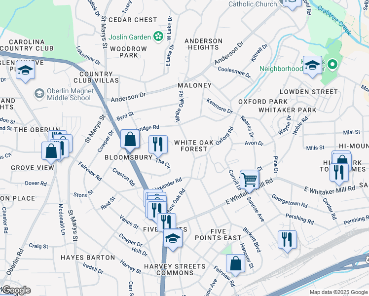 map of restaurants, bars, coffee shops, grocery stores, and more near 2109 White Oak Road in Raleigh