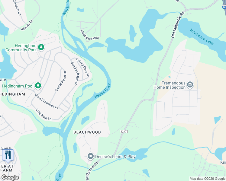 map of restaurants, bars, coffee shops, grocery stores, and more near 1529 Old Milburnie Road in Raleigh