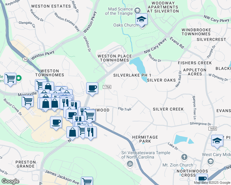 map of restaurants, bars, coffee shops, grocery stores, and more near 1618 Wilson Road in Cary
