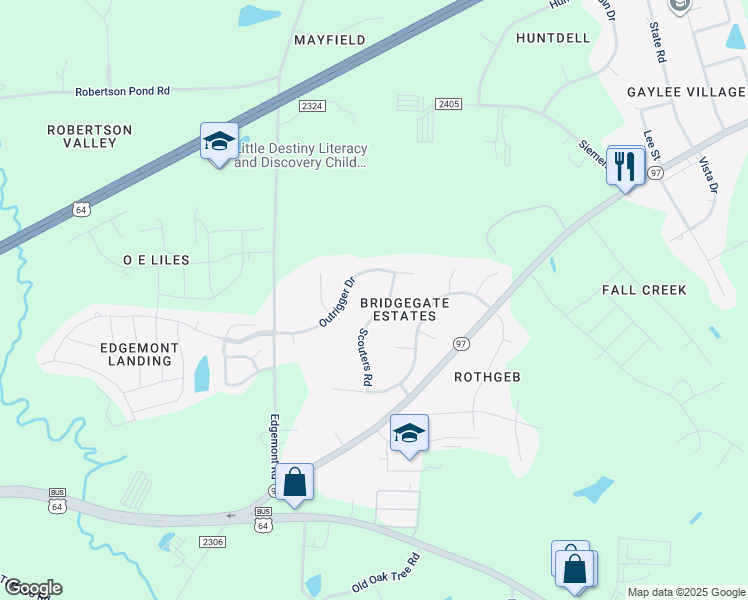 map of restaurants, bars, coffee shops, grocery stores, and more near 1113 Scouters Road in Wendell