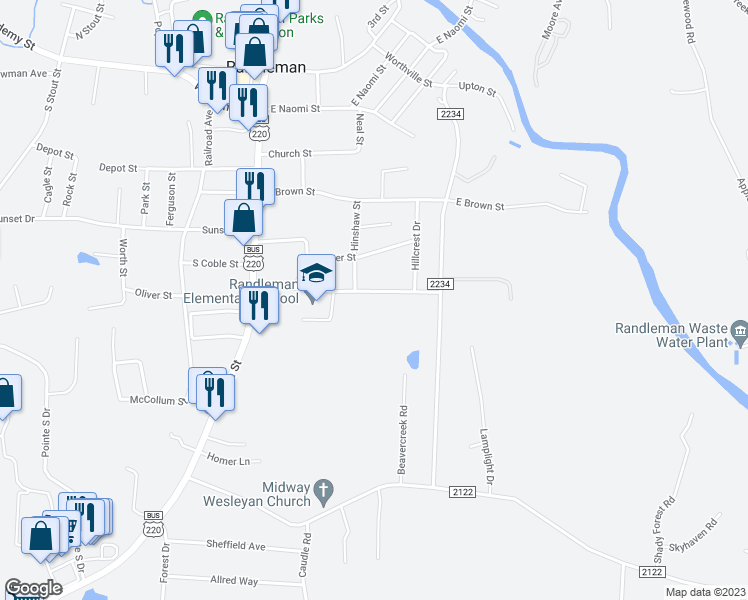 map of restaurants, bars, coffee shops, grocery stores, and more near 306 Swaim Street in Randleman