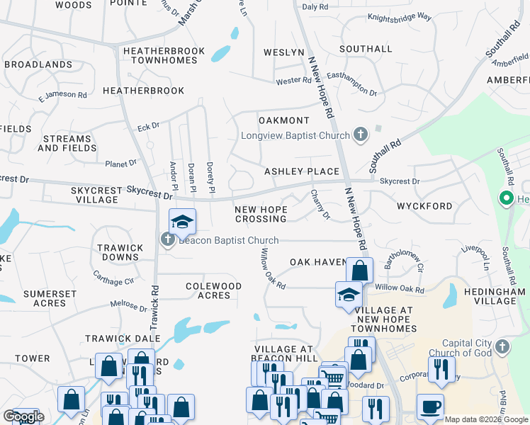 map of restaurants, bars, coffee shops, grocery stores, and more near 4009 Toccopola Street in Raleigh