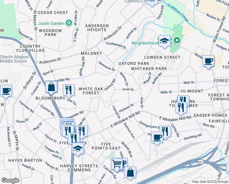map of restaurants, bars, coffee shops, grocery stores, and more near 2117 Carroll Drive in Raleigh