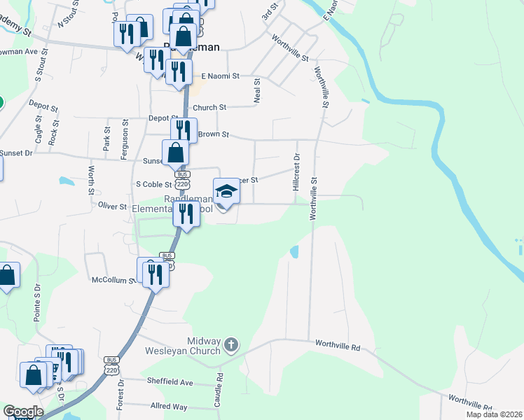 map of restaurants, bars, coffee shops, grocery stores, and more near 306 Swaim Street in Randleman