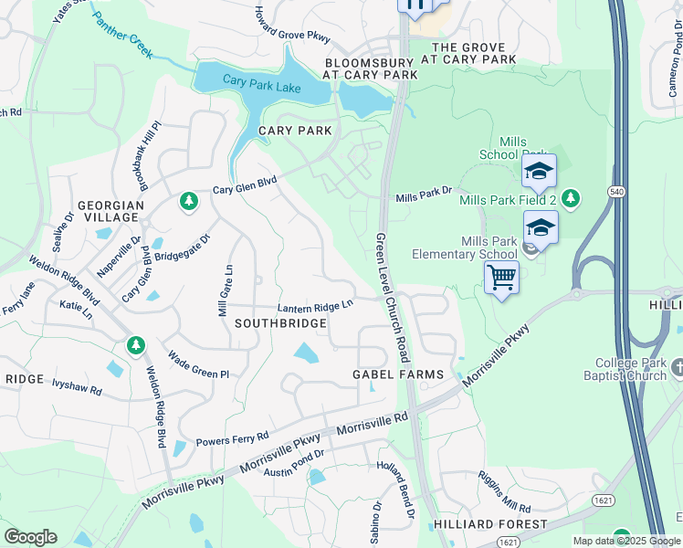 map of restaurants, bars, coffee shops, grocery stores, and more near 213 Lantern Ridge Lane in Cary