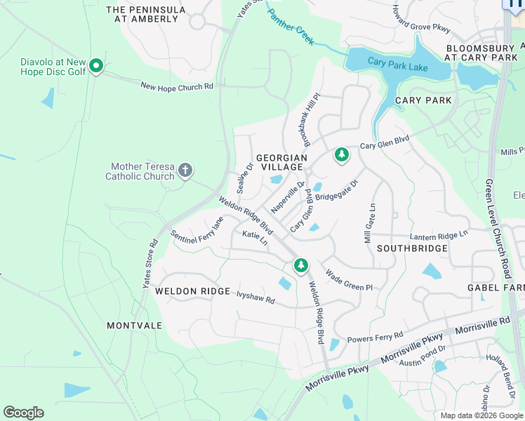 map of restaurants, bars, coffee shops, grocery stores, and more near 2003 Ollivander Drive in Cary