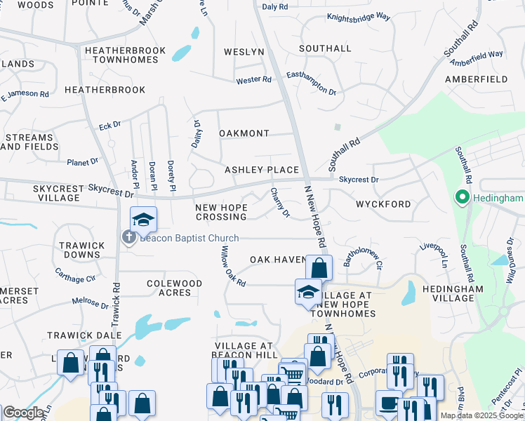 map of restaurants, bars, coffee shops, grocery stores, and more near 4201 Mantua Way in Raleigh