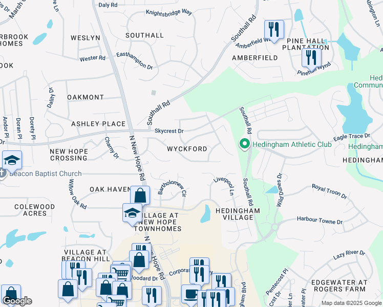 map of restaurants, bars, coffee shops, grocery stores, and more near 2105 Woodwyck Way in Raleigh