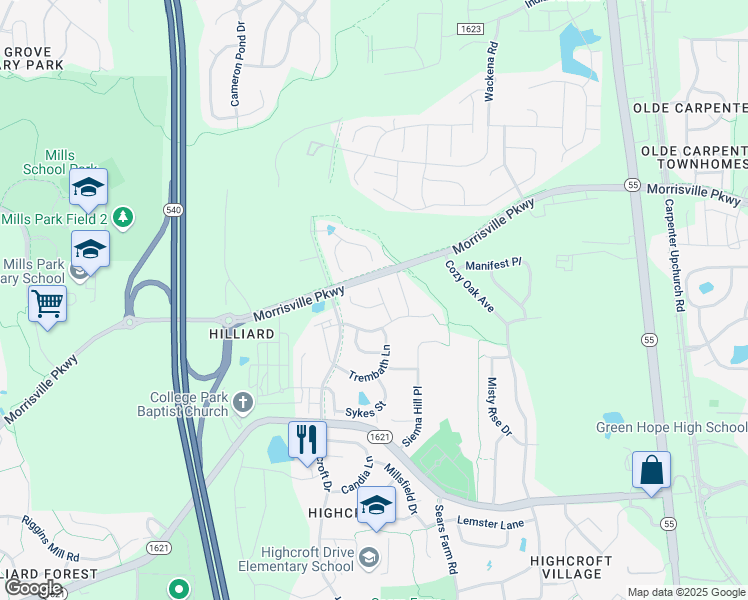 map of restaurants, bars, coffee shops, grocery stores, and more near 5713 Hurkett Court in Cary