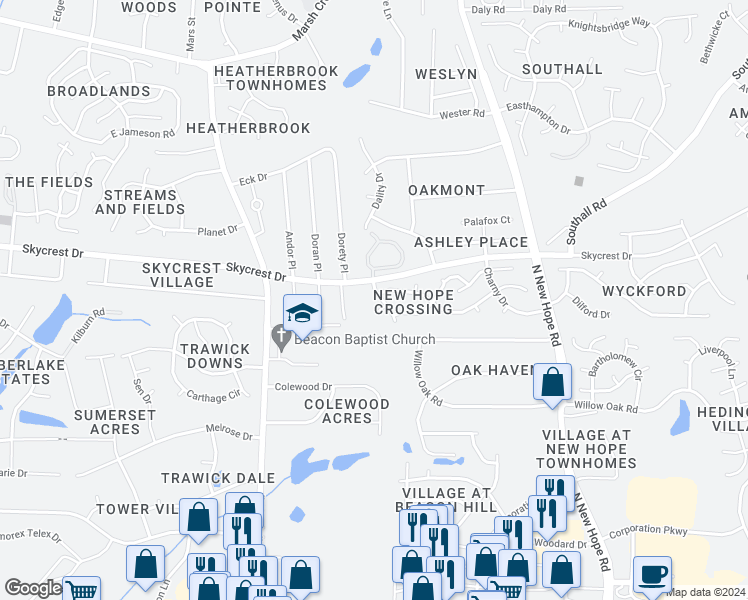 map of restaurants, bars, coffee shops, grocery stores, and more near 2205 Hatton Way in Raleigh