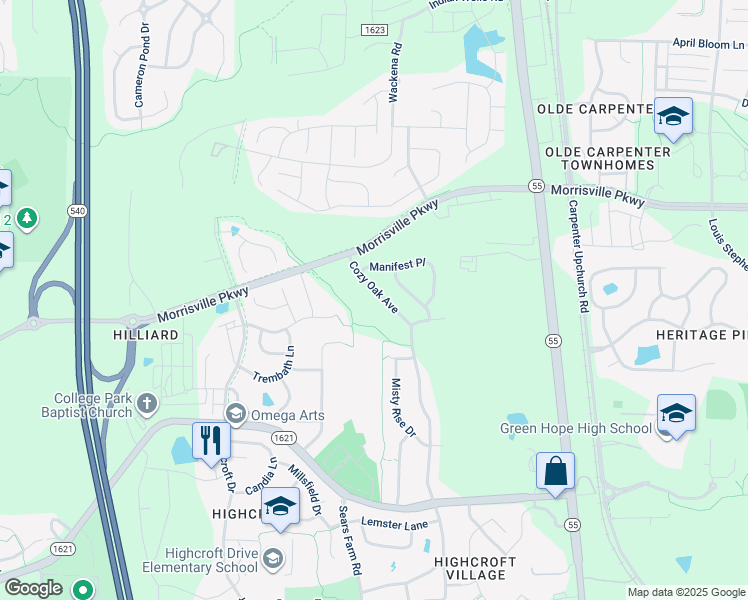 map of restaurants, bars, coffee shops, grocery stores, and more near 1341 Cozy Oak Avenue in Cary