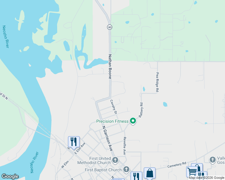 map of restaurants, bars, coffee shops, grocery stores, and more near 603 East Coppinger Avenue in Fort Gibson