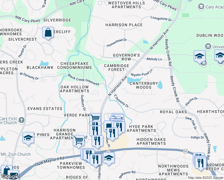 map of restaurants, bars, coffee shops, grocery stores, and more near N Harrison Ave & W Dynasty Dr in Cary