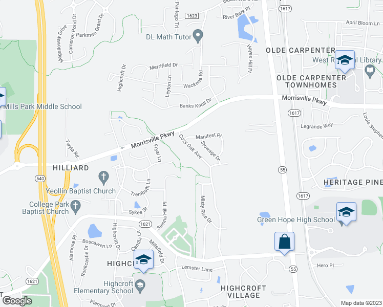 map of restaurants, bars, coffee shops, grocery stores, and more near 1341 Cozy Oak Avenue in Cary