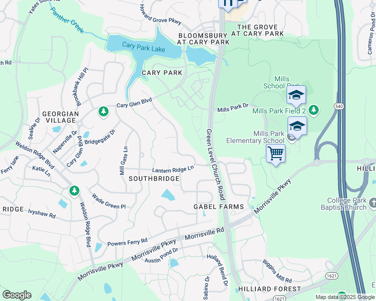 map of restaurants, bars, coffee shops, grocery stores, and more near 213 Lantern Ridge Lane in Cary