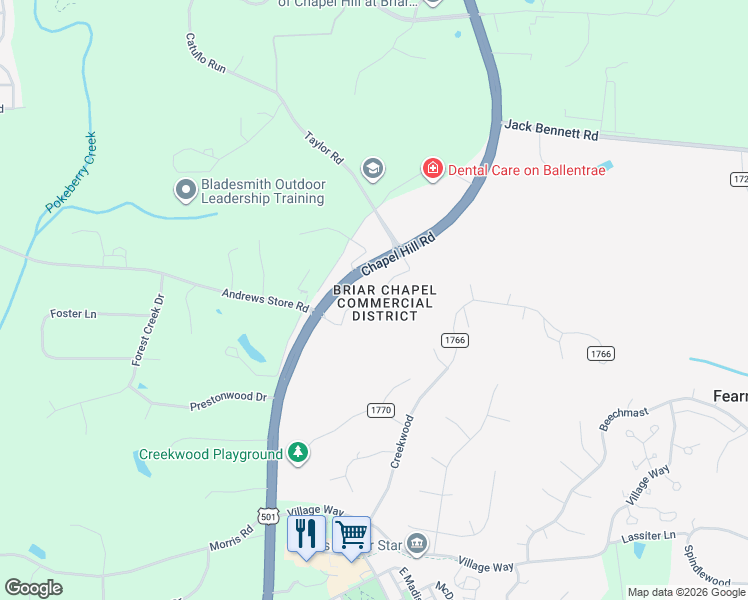 map of restaurants, bars, coffee shops, grocery stores, and more near 152 Market Chapel Road in Pittsboro