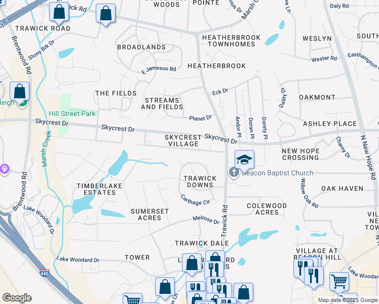 map of restaurants, bars, coffee shops, grocery stores, and more near 3420 Dogwood Drive in Raleigh