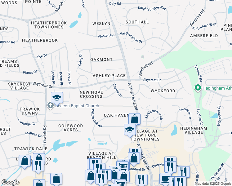 map of restaurants, bars, coffee shops, grocery stores, and more near 2143 Charny Drive in Raleigh