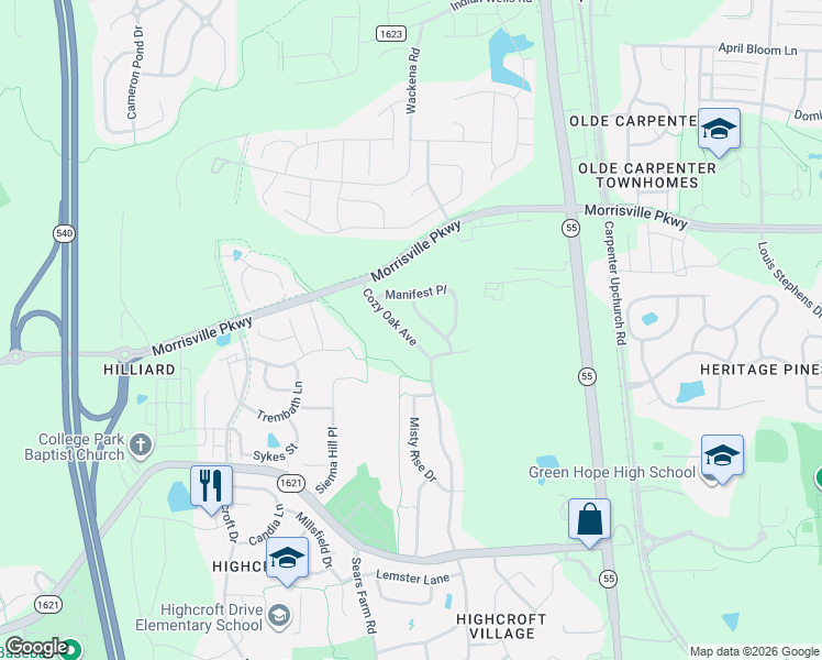 map of restaurants, bars, coffee shops, grocery stores, and more near 1321 Cozy Oak Avenue in Cary