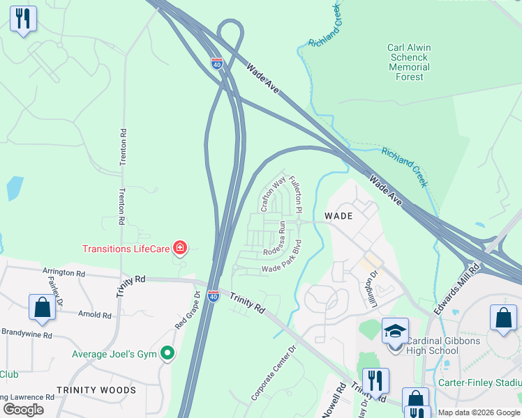 map of restaurants, bars, coffee shops, grocery stores, and more near 1401 Van Page Boulevard in Raleigh