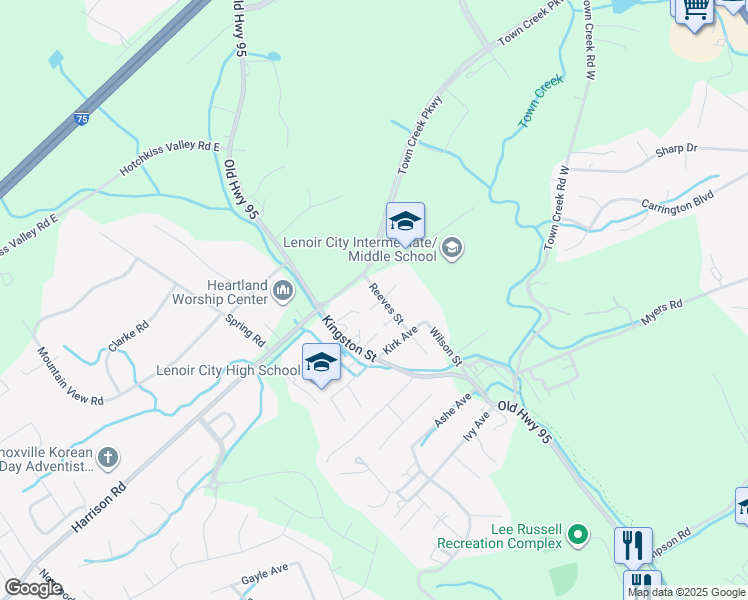 map of restaurants, bars, coffee shops, grocery stores, and more near 1502 Old Highway 95 in Lenoir City