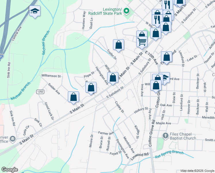 map of restaurants, bars, coffee shops, grocery stores, and more near 1311 South Main Street in Lexington