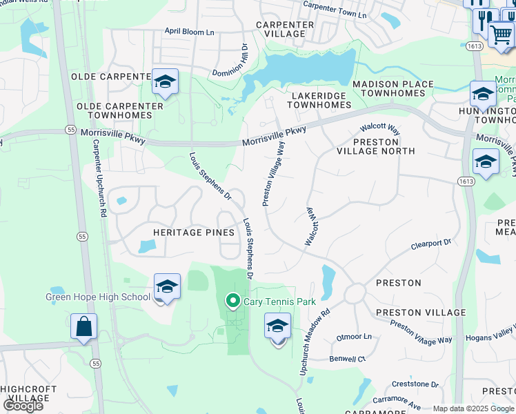 map of restaurants, bars, coffee shops, grocery stores, and more near 601 Preston Village Way in Cary
