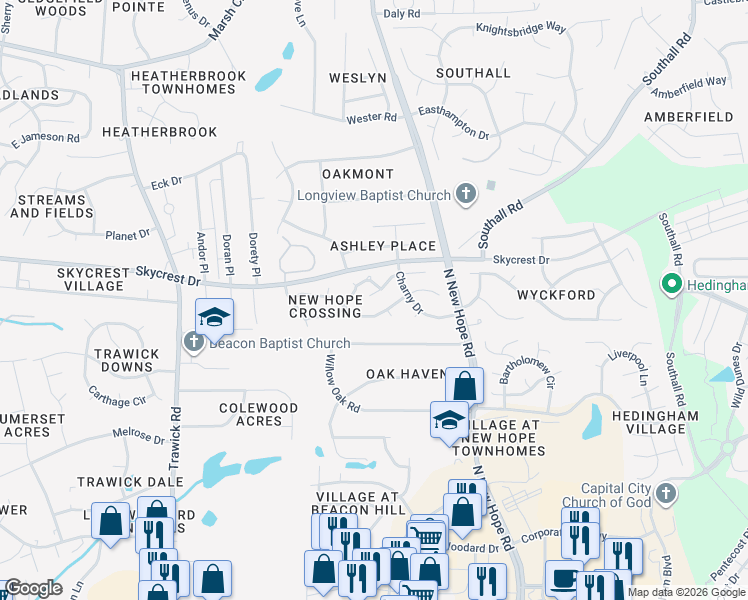 map of restaurants, bars, coffee shops, grocery stores, and more near 2111 Glassville Court in Raleigh