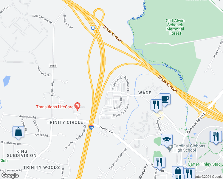 map of restaurants, bars, coffee shops, grocery stores, and more near 1401 Van Page Boulevard in Raleigh