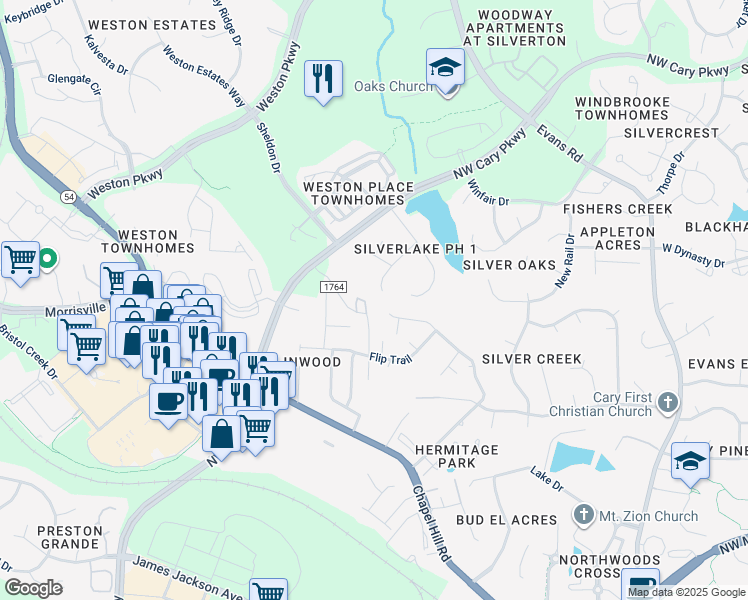 map of restaurants, bars, coffee shops, grocery stores, and more near 410 Peachtree Point Court in Cary