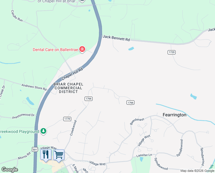map of restaurants, bars, coffee shops, grocery stores, and more near 120 Creekwood in Pittsboro