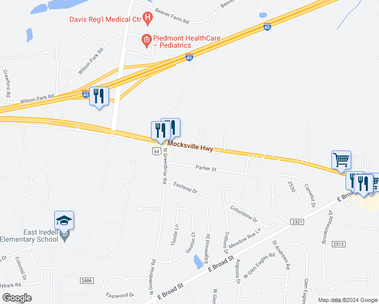map of restaurants, bars, coffee shops, grocery stores, and more near 346 Mocksville Highway in Statesville