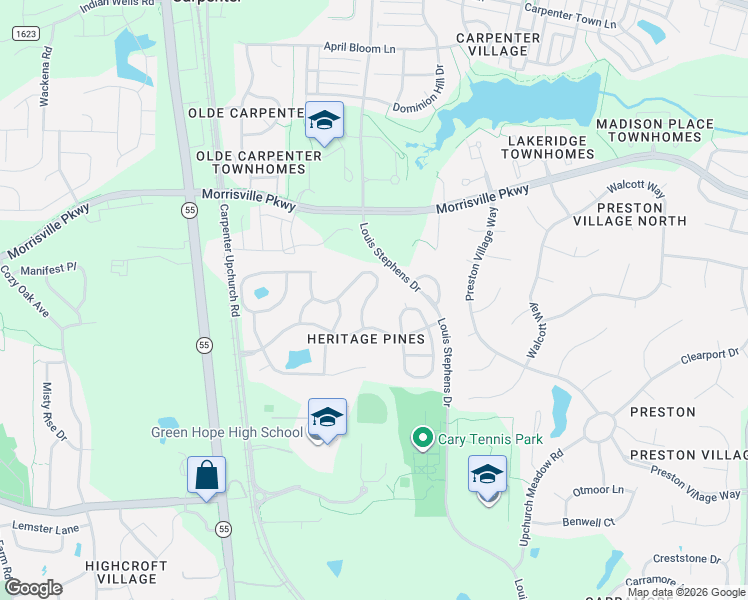 map of restaurants, bars, coffee shops, grocery stores, and more near 105 Rockport Ridge Way in Cary