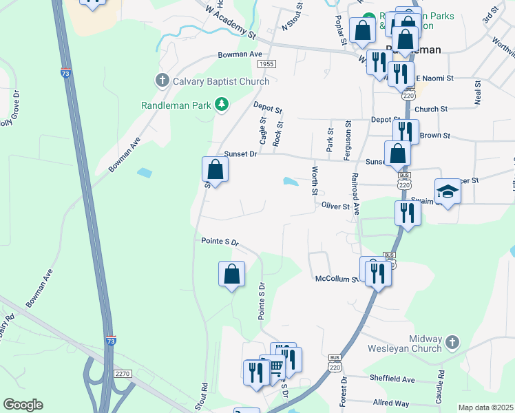 map of restaurants, bars, coffee shops, grocery stores, and more near 510 Booker T Womble Road in Randleman