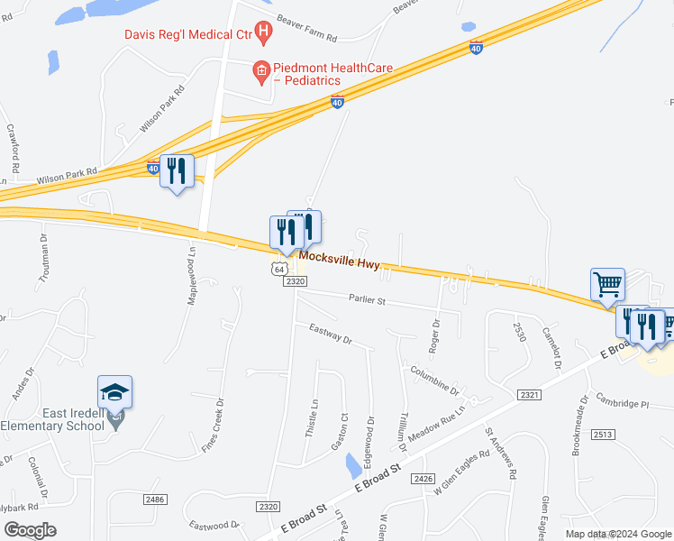 map of restaurants, bars, coffee shops, grocery stores, and more near 346 Mocksville Highway in Statesville