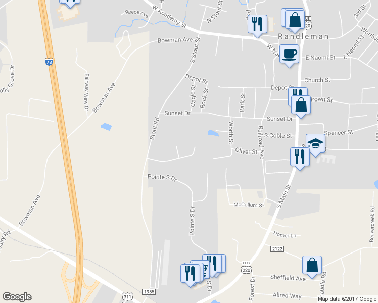 map of restaurants, bars, coffee shops, grocery stores, and more near 510 Booker T Womble Road in Randleman