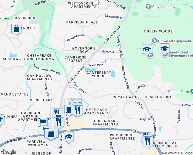map of restaurants, bars, coffee shops, grocery stores, and more near 101 Delchester Court in Cary
