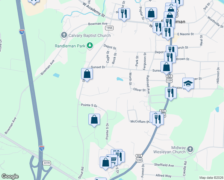 map of restaurants, bars, coffee shops, grocery stores, and more near 509 Booker T Womble Road in Randleman